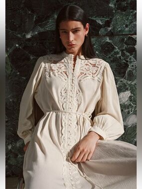 Women's Cream Lace-Trim Midi Dress